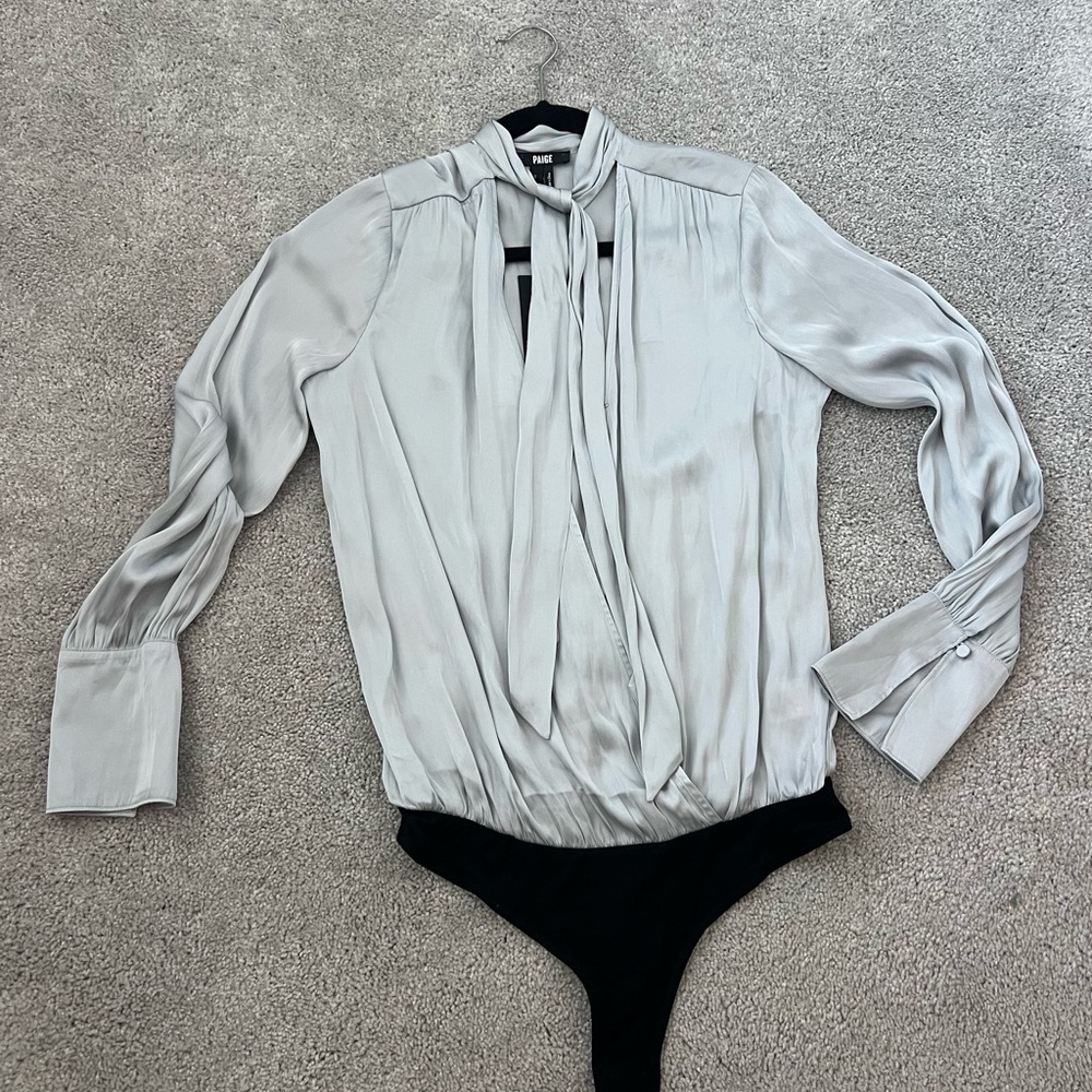 PAIGE Silver Blouse Bodysuit with Tie Neck